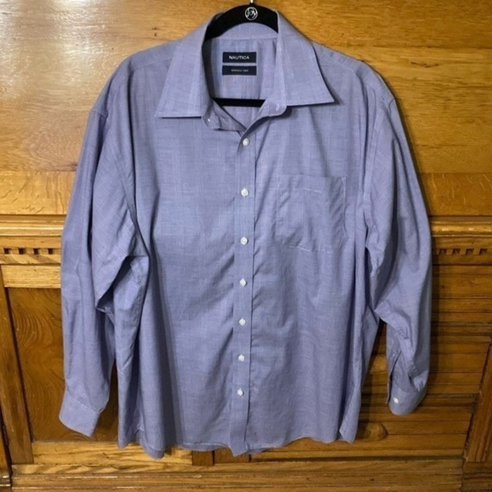 Nautica Mens Dress Shirt 17.5 34/35 Purple Micro Check Plaid Wrinkle Free XL